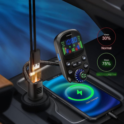 جهاز إرسال FM متعدد الوظائف للسيارة — موسيقى ومساعد صوتي